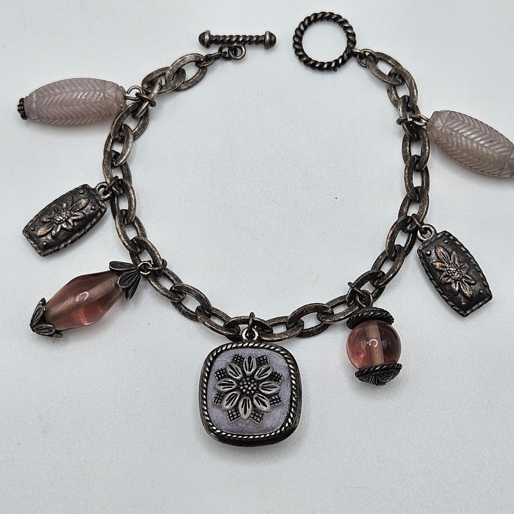 VINTAGE Napier Silver Tone Glass Beaded Charm Bracelet Sunflower Toggle Clasp